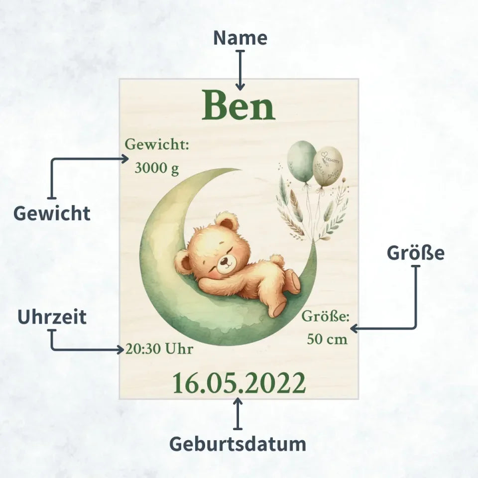 personalisierte Geburtstafel Holz Teddybär auf Mond Personalisierung