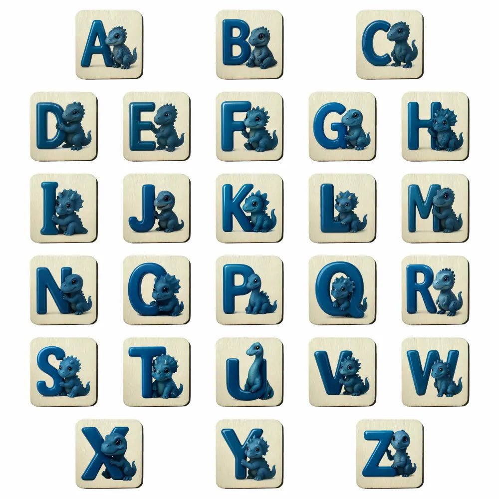 Holzbuchstaben Holzplättchen Alphabet (Dino-Motiv blau)