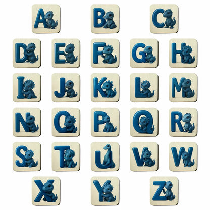 Holzbuchstaben Holzplättchen Alphabet (Dino-Motiv blau)