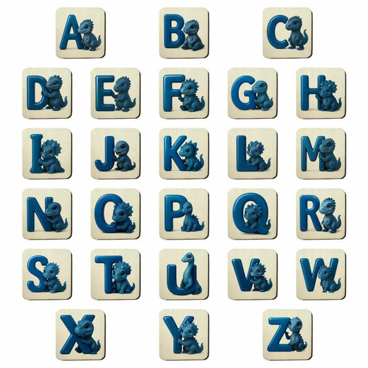 Holzbuchstaben Holzplättchen Alphabet (Dino-Motiv blau)