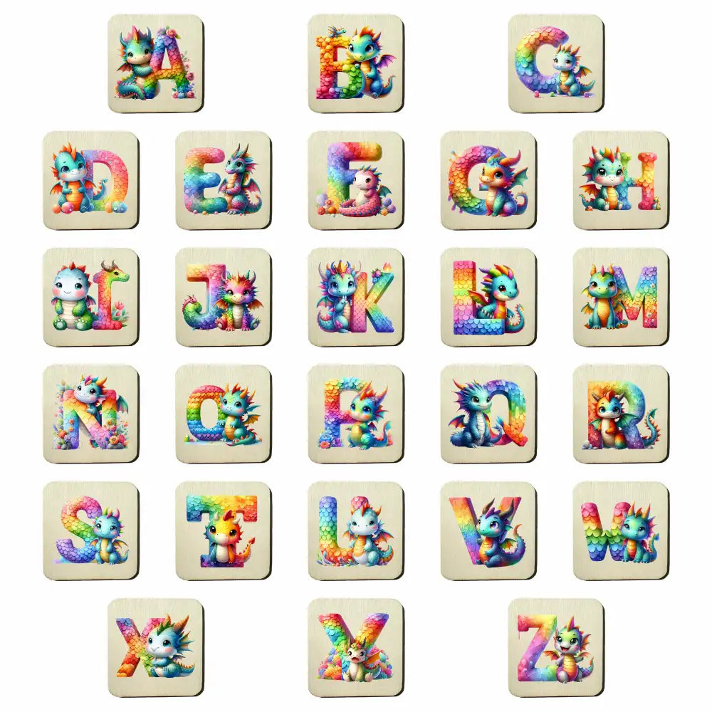 Holzbuchstaben Holzplättchen Alphabet (Drachen-Motiv)