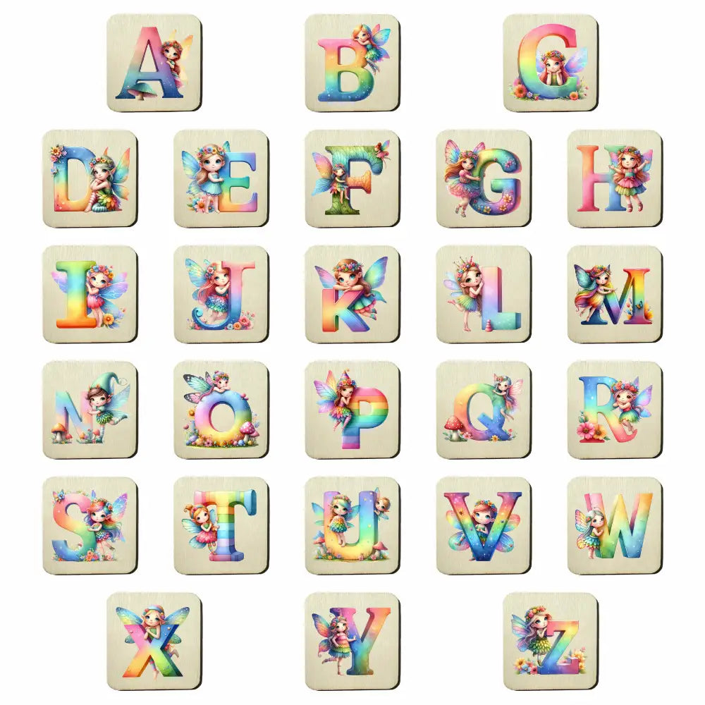Holzbuchstaben Holzplättchen Alphabet (Feen-Motiv)